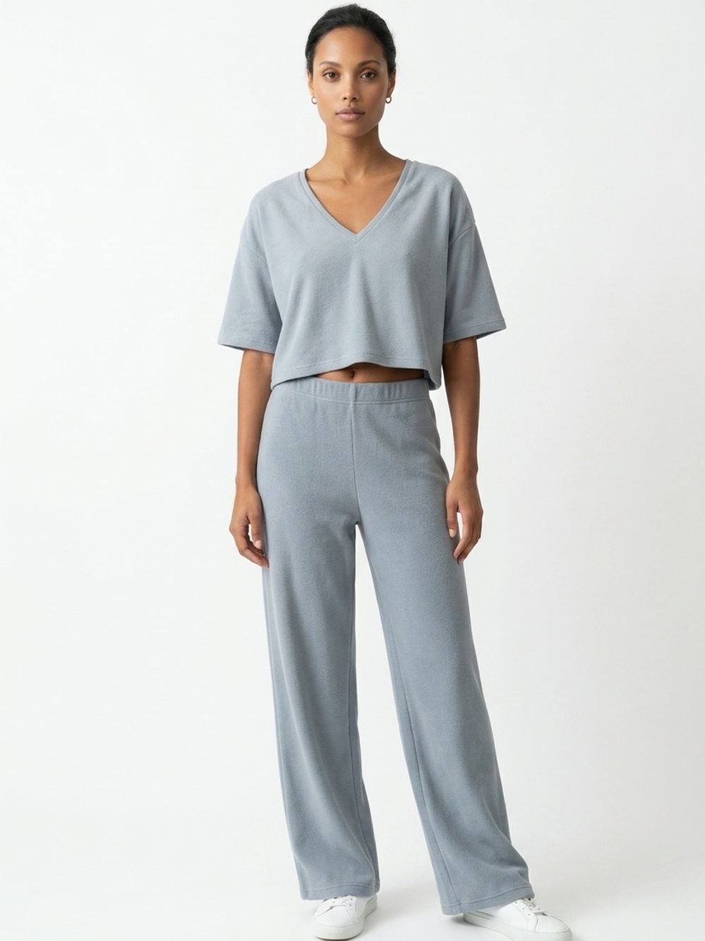 Zara Relaxed V-Neck Cropped Top Pullover Women's M Short Drop Sleeve Sweatshirt